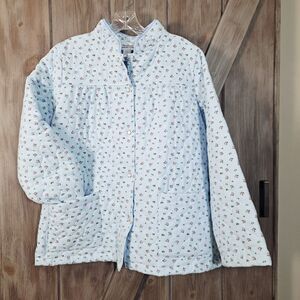VTG The Vermont Country Store Baby Blue Floral Quilted Flannel Bed Jacket Size M